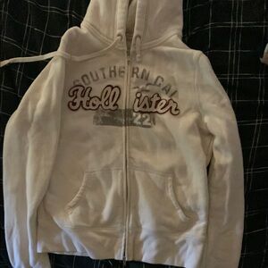 Hollister Cream Zip-Up Hoodie with Logo